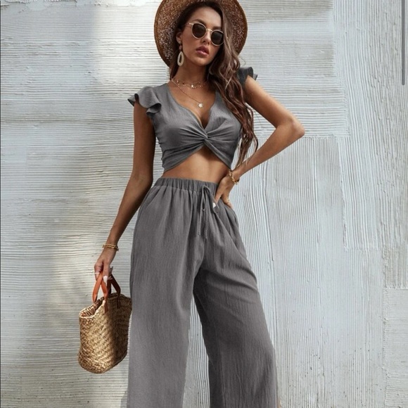 SHEIN - Ruffle trim twist top with pants 2 pc grey - Picture 3 of 4